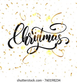 Christmas. Christmas script lettering and shiny gold confetti
