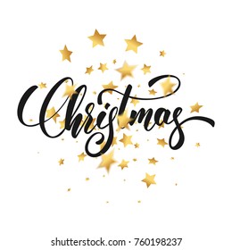 Christmas. Christmas script lettering and shiny gold glitter confetti stars