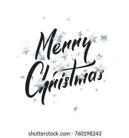 Christmas. Christmas script lettering and shiny silver glitter confetti stars