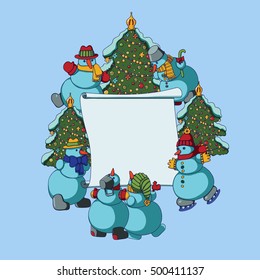 Christmas scroll letter for Christmas wishes surrounded by cheerful fun funny adorable snowmen in colorful hats, scarves skating amongst the beautiful dressed festive colorful toys of Christmas trees