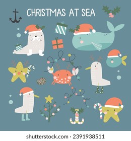 Christmas at sea is a fun set of vector illustrations that include a seagull, seal lion, whale, octopus and more with festive elements.
