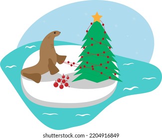 Christmas Seal Fur Seal With Christmas Tree On Ice Floe