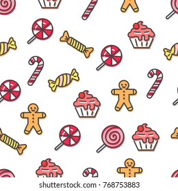 Christmas seamess pattern sample, traditional symbolic images of winter holidays, candies and cookies with cake and cherry on top vector illustration