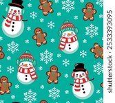 Christmas seamles pattern with cute snowman character, snowflackes and gingerbread man. Vector print for wrapping paper and holiday decor