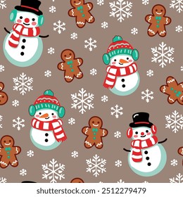 Christmas seamles pattern with cute snowman character, snowflackes and gingerbread man. Vector print for wrapping paper and holiday decor