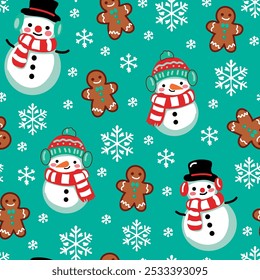 Christmas seamles pattern with cute snowman character, snowflackes and gingerbread man. Vector print for wrapping paper and holiday decor