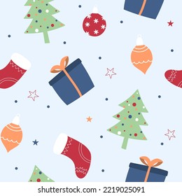 christmas seamles pattern with gift boxes, socks and christmas tree