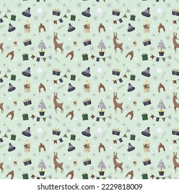 Christmas seamles pattern with tree, santa, decoration, gifts. Christmas seamless pattern perfect for textile, wrap and wallpaper and design.