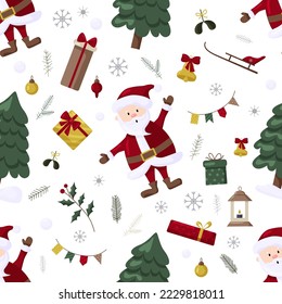 Patrón de marineros navideños con árbol, santa, decoración, regalos. Patrón de Navidad sin fisuras perfecto para textil, envoltura, papel pintado y diseño.