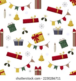 Christmas seamles pattern with tree, santa, decoration, gifts. Christmas seamless pattern perfect for textile, wrap and wallpaper and design.