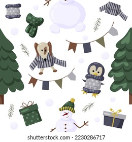 Christmas seamles pattern with tree, santa, decoration, gifts. Christmas seamless pattern perfect for textile, wrap and wallpaper and design.