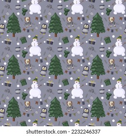 Christmas seamles pattern with tree, santa, decoration, gifts. Christmas seamless pattern perfect for textile, wrap and wallpaper and design.