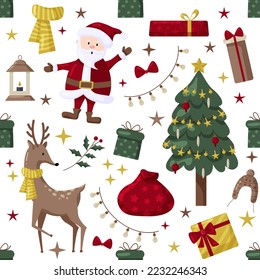 Christmas seamles pattern with tree, santa, decoration, gifts. Christmas seamless pattern perfect for textile, wrap and wallpaper and design.