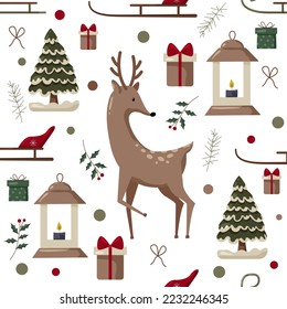 Christmas seamles pattern with tree, santa, decoration, gifts. Christmas seamless pattern perfect for textile, wrap and wallpaper and design.