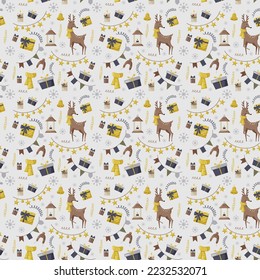 Christmas seamles pattern with tree, santa, decoration, gifts. Christmas seamless pattern perfect for textile, wrap and wallpaper and design.