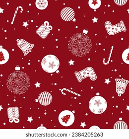 Christmas seamless background with Christmas balls, gifts and snowflakes on red background. For decoration textile, packaging.