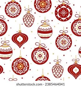 Christmas seamless background with balls and stars. Perfect for holiday invitations, winter greeting cards, wallpaper and gift paper