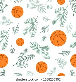 Christmas seamless background with basketball balls and fir shawls. White green and orange dominate. Can be used for postcards, invitations, advertising, web, textile and other.