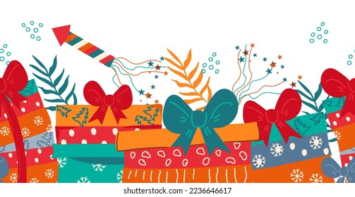 Christmas seamless background or border design with gifts  hand drawn flat vector Illustration on white background. Christmas and New Year seamless endless  backdrop with present boxes.