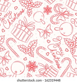Christmas seamless background with candy, gifts and greetings. vector illustration 