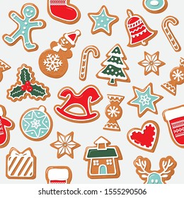 Christmas seamless background. Colorful Gingerbread cookies. Bright traditional pattern for wrapping paper, banners, pajamas. Cute design elements. Vector