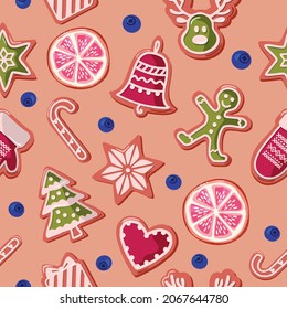 Christmas seamless background. Colorful Gingerbread cookies and fruits. Traditional pattern for wrapping paper, banners, pajamas. Vector illustration