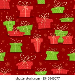 Christmas seamless background with colorful presents and snowflakes on red background. Illustration can be used for backdrops, wrapper, holiday cards, children's holiday or clothing design.