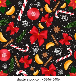 Christmas seamless background, decorated with bows, candy, snowflakes, spices, Christmas balls, fir branches and slices of mandarin.