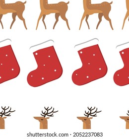 Christmas seamless background with deer and
Christmas socks. Vector illustration