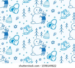Christmas Seamless Background in Doodle Style, Winter Activity Fabric Pattern