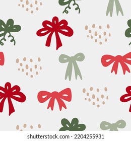 Christmas seamless background with dots and bows. Simple hand drawn Xmas ribbon festive vector seamless pattern in Scandinavian style for wrapping paper, packaging, greeting card, gift