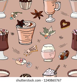 Christmas seamless background with drinks. Merry christmas seamless pattern vector.