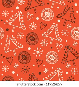 Christmas seamless background. Endless holiday cute pattern. Decorative xmas texture with snowflakes and spruces