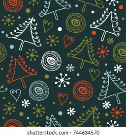 Christmas seamless background. Endless holiday pattern. Decorative xmas texture with snowflakes and spruces