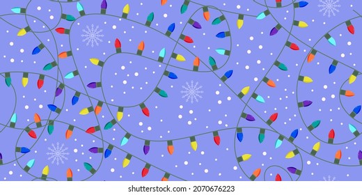 Christmas seamless background with festive garland of lights. Multicolored lights and snowflakes on light purple background. New Year's decor for banners, wallpapers, postcards, packaging.