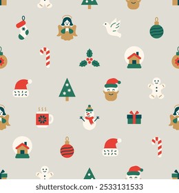 Christmas seamless background. Flat icon banner with angel, Santa, gingerbread man, snowball, snowman, christmas tree and gift box, cup, Santa hat, candy cane. Winter vector pattern.