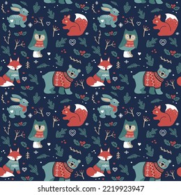 Christmas seamless background with forest animals - bear, owl, squirrel, fox