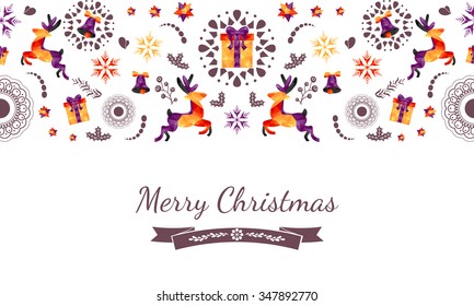 Christmas seamless background with geometric deer, bells, gift box, snowflakes and drawn mandala, mistletoe. Christmas card, triangle pattern. Great for fabric, web footer or header, cover... Vector