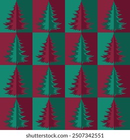 Christmas seamless background. Geometric shapes and tree. Red - green pattern. Christmas decoration. Vector illustration.