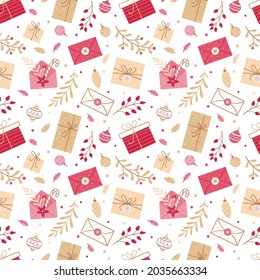 Christmas seamless background with gifts, letters, branches and Christmas decorations on a white background.