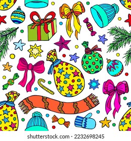 Christmas seamless background with gifts, New Year's accessories, bright objects on a white background