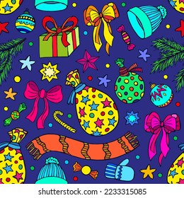 Christmas seamless background with gifts, New Year's accessories, bright objects on a blue background