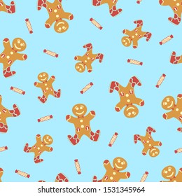 Christmas seamless background with gingerbread, cookie man. Set of Christmas cookies and candies.