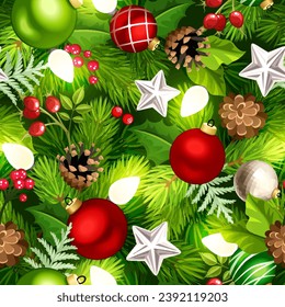 Christmas seamless background with green fir branches, red and green Christmas balls, pine cones, Christmas lights, silver stars, holly, and rosehip. Vector pattern. Hand-drawn illustration, not AI