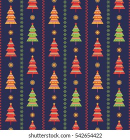 Christmas seamless background with green, red and yellow fir trees and decorative strips from snowflakes and embroidery stitches on dark blue backdrop