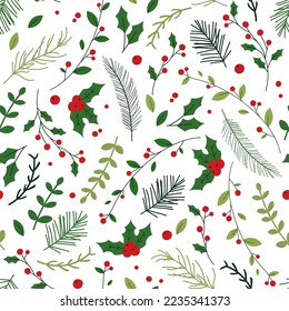 Christmas seamless background for greeting cards, fabric, wrapping paper. Hand-drawn vector illustration of various Christmas flora: fir-tree, wreaths, rowan.