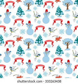 Christmas seamless background, hand drawn vector illustration. Red ribbon "Merry Cristmas", Snowman, snowflakes, snow covered trees, bird.