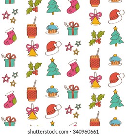Christmas Seamless background with hand drawn icons. Greeting card design. Vector illustration