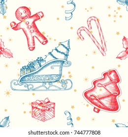 Christmas seamless background with hand drawn gingerbread, candy, santa's sleigh, gifts and holly. New Year. Vintage pattern can be used for wallpaper, web page background, surface textures, textile