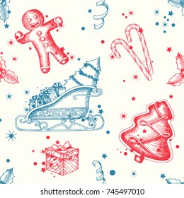 Christmas seamless background with hand drawn gingerbread man, candy, santa's sleigh, gifts and holly. New Year. Vintage pattern  for wallpaper, web page background, surface textures, textile